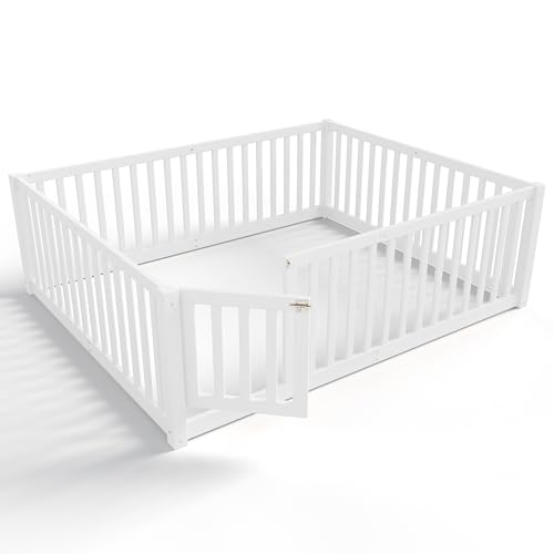 Image of Bellemave Full Size Kids Montessori Floor Bed with Door,Solid Wood Floor Bed Frame with High Fence for Girls,Boys,White