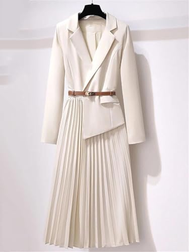 Office Lady Patchwork Blazer Dress Autumn Elegant Long Sleeve Notched Collar Belt Pleated Vestidos2