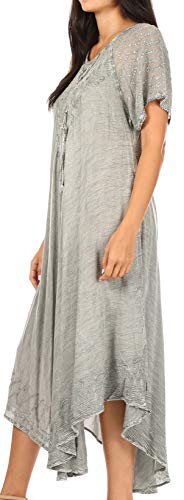 Image of Sakkas Egan Long Embroidered Caftan Dress /Cover Up with Embroidered Cap Sleeves