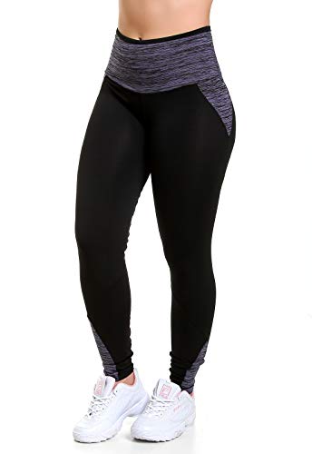 Calça Legging Feminina Destalhe Risca Cós Alto (Preto/Lilás, P)