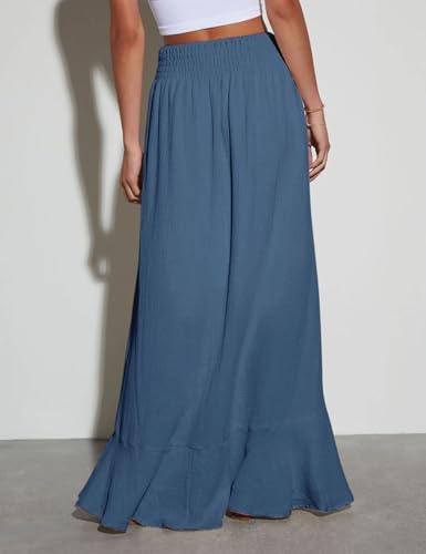 Image of Minclouse Women's Elastic Tie Waist Button Down Maxi Skirts Casual Loose Flowy Swing Slit Front Dress