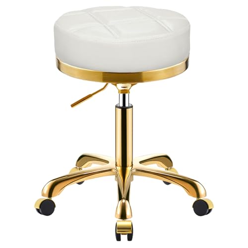 SCGSJZH Dorado Taburete con Ruedas, Silla Giratoria Redondo de Cuero PU, Taburetes para Tocador, Oficina y Esteticista, Banqueta Regulable Altura de 45 a 58 cm (Blanco, Sin Respaldo)