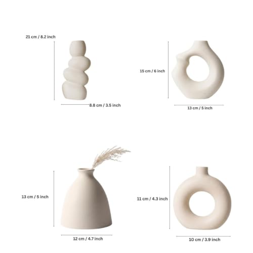 Image of Ceramic Vase Set of 4 | Nordic Minimalist Donut & Abstract Sculptural Decorative Flower Vases | Matte White Home Decor for Living Room, Center Table & Shelf