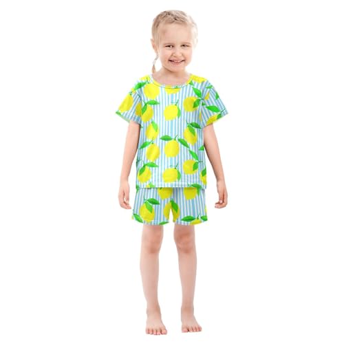 Lemon Leaves Stripe Pajama Set Short Sleeve Sleepwear Soft Pajamas Shorts Sets Cotton PJS 5Y3