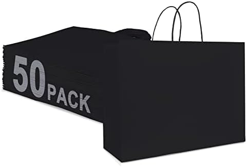Gatherfun 50PCS 16”x6”x12” Black Kraft Customizable Paper Bags with Handles, Shopping Bag, Paper Gift Bag, Retail Bags, Party Favor Bags with Handles