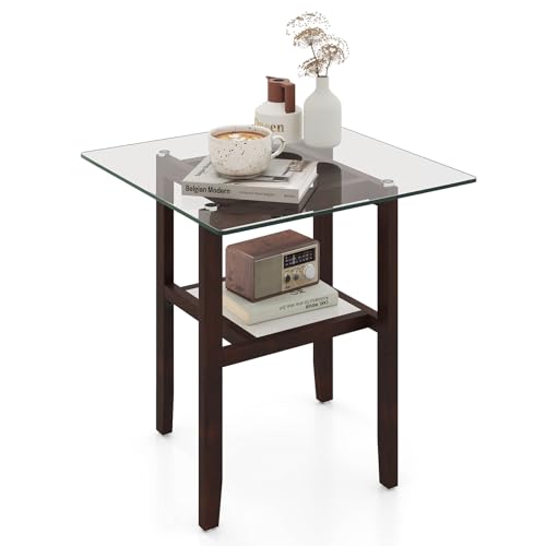 GIANTEX Tavolino in vetro, moderno rettangolare per soggiorno, divano, tavolino da caffè a 2 livelli, tavolino da tè con gambe in legno massiccio, tavolo quadrato in vetro per soggiorno e ufficio (61