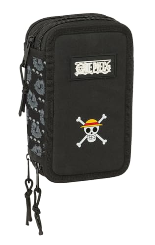 safta One Piece Pirates - Astuccio scuola con 37 utili inclusi, astuccio per bambini, ideale per bambini dai 5 ai 14 anni, comodo e versatile, qualità e resistenza, 12,5 x 5,5 x 19,5 cm, Nero, M,