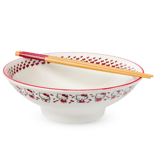 Image of Silver Buffalo Sanrio Hello Kitty Red, Ramen Bowl with Chopsticks, 30oz | Stripes and Bows, Ceramic, Noodle Rice, Microwave Safe, 0.89 Liters