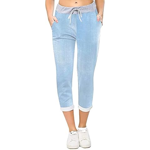 Loxdonz Women's Denim Joggers Floral Print Casual Summer Trousers Italian Gym Running Pants (12-14, Plain Light Denim) Cover