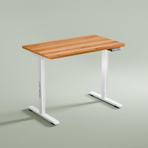 Image of Height Adjustable Electric Standing Desk | Ergonomic Sit Stand Workstation with Walnut Wood Grain Desktop | Motorized Computer Desk for Home Office (White Frame & Brown Top, 1200 x 600 mm)