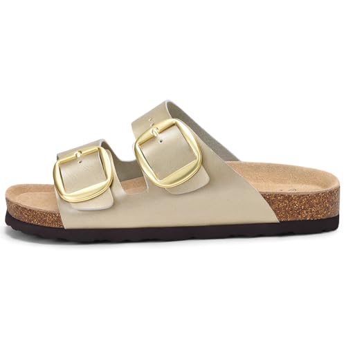 Image of KIDMI Women's Cork Footbed Slide Sandals Comfortable Arch Support Outdoor Sandal with Big Adjustable Buckle for Summer