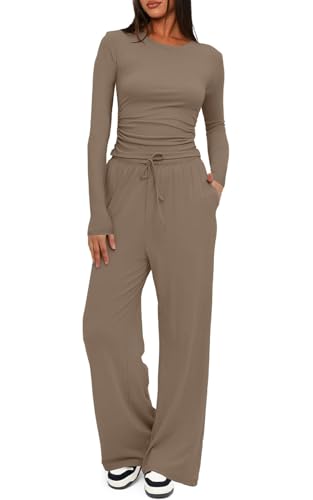 Yutdeng Conjunto Mujer Chándal Completo Pantalon y Top Manga Larga con Bolsillos Ropa Casa Gym Fitness Chandal Conjunto Mujer Vestir Dos Piezas Traje Elegante Pijama Invierno Otoño,Marrón,XL