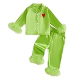 Toddler Kids Girl Christmas Pajamas Baby Green Satin Silk Button Down Shirts Jammies Xmas Matching Pjs Outfits (Green, 8-9 Years)