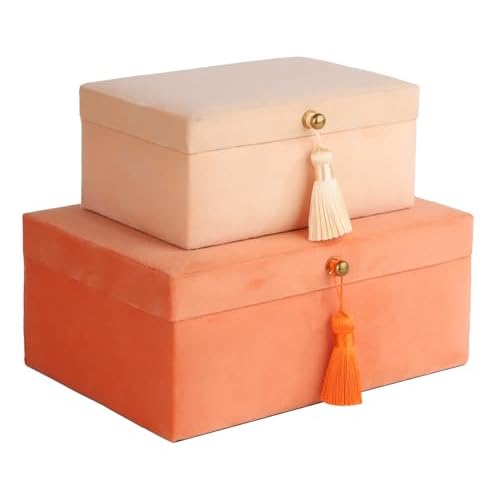 HofferRuffer Velvet Jewelry Boxes Decorative Boxes, Storage Accessory Organizer Boxes with Elegant Handle Decor, Classic Velvet Set of 2 Pieces (Orange)