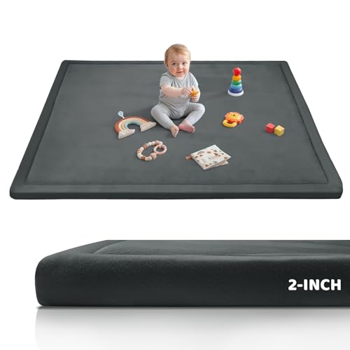 Image of 2-Inch Extra Large Memory Foam Play Mat | 59 inchx79 inch Large Baby Play Mat for Tummy Time & Crawling | Memory Foam with Non-Slip Base | Ultra Soft Flannel Cover | for Infants & Toddlers, Dark Gray