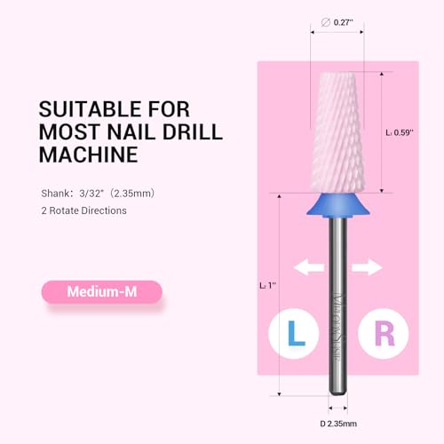 Image of MelodySusie 5 in 1 Nail Drill Bits, 3 /32'' Ceramic Cross Cut Bits, Suitable for Manicure Pedicure Cuticle Gel Polishing, Pink, Series Bit-M, Medium
