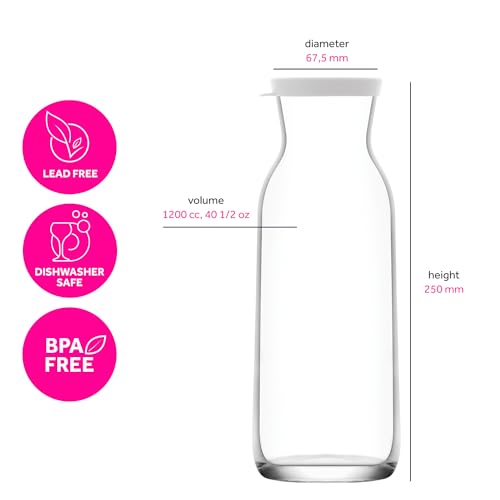 LAV Clear Glass Pitcher, Mimosa Carafe with Silicone Lid | 40oz | Narrow Neck For Easy Grip | Bedside Water Pitcher, Bar, Brunch, Serving Juice, Beverage, Lemonade, Milk, Iced Tea, Coffee
