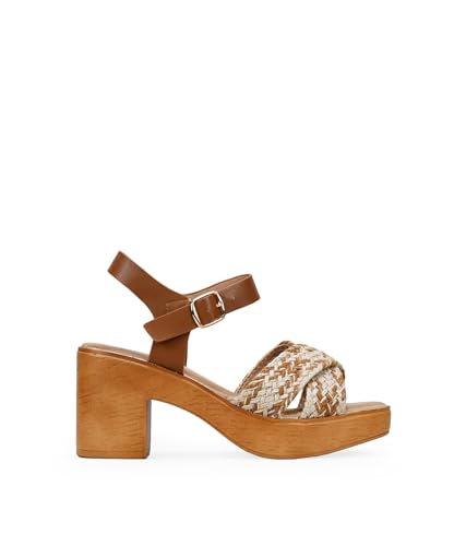 BOSANOVA Sandalias de Mujer Marrones con Dos Tiras Cruzadas en Esparto y Suela de Plataforma con tacón de 7.5 cm Efecto Madera. Cierre de Pulsera con Hebilla. Calzado para Mujer Marron 37