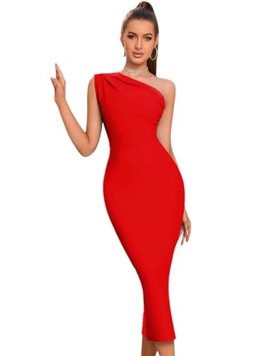 Summer Formal Occasion Dresses Ladies Elastic One Shoulder Midi Length Evening Party Gowns