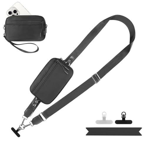 Image of YFWE Clip and Go Strap for Phone with Wallet Crossbody, Adjustable Phone Lanyard with Detachable RFID Wristlet Wallet, Black (L)