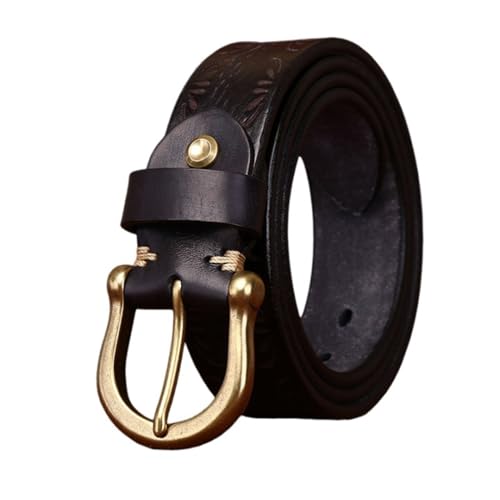 Thicken Full Grain Leather Embossed Belt Hand Made Strap with Heavy Duty Solid Brass Round Buckle Packed in Gift Box