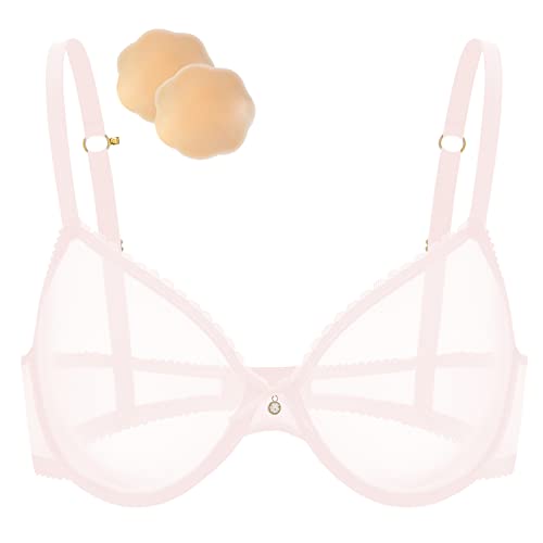 Wingslove Women's See Through Sexy Sheer Bra Unlined Underwire Support Everyday Bra with Silicone Nipple (Light Pink,36C) - Image 2