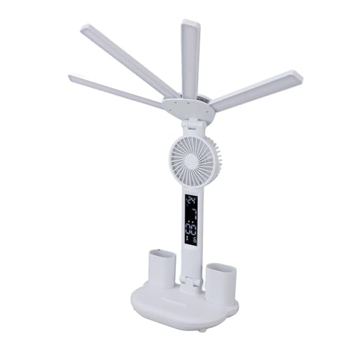 Brrnoo Lámpara de Escritorio LED con Ventilador, Reloj Digital, 4 Cabezales, Atenuación Continua, Portalápices, Lámpara de Mesa Plegable, Lectura de Estudio