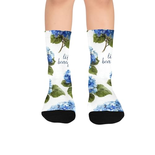 susiyo Artistic Blue Hydrangea Spring Hiking Socks Boy Girls - Cushioned Crew Socks for Kids Soft, Breathable & Seamless Toe for All-Day Comfort