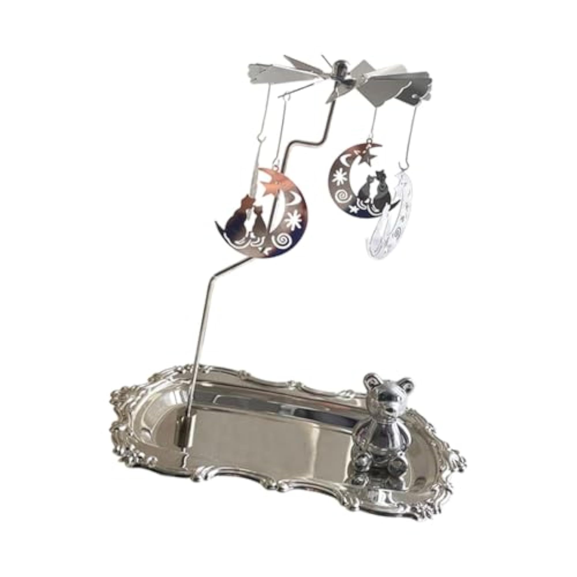 Rotating Candle Holder with Tray, Silver Cat Design
