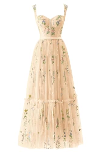 Basgute Damen Blumen Stickerei Tüll Ballkleider Korsett Lange Spaghettiträger Fee Rüschen Formal Abend Party Kleid, Teelänge, champagnerfarben, 36