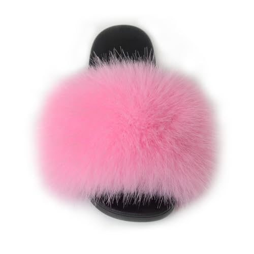 Image of Women's Faux Fur Slides Slippers Fluffy Fuzzy Sandals Open Toe Furry Slide Flip Flop Indoor Outdoor