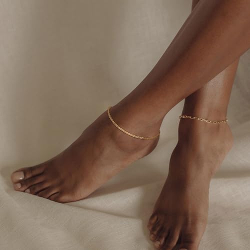 CHESKY Gold Ankle Bracelets for Women, 14k Gold Plated/Sterling Silver Anklet Bracelet Set Layered Glitter Box Paperclip Figaro Cuban Link Anklets for Women, Waterproof Summer Gold Jewelry Gifts