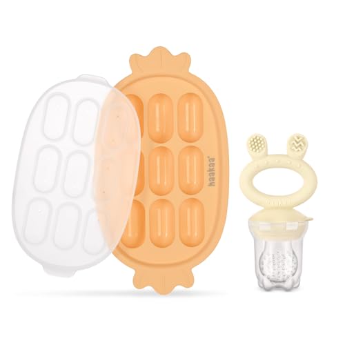 Image of Haakaa Baby Fruit Food Feeder & Silicone Freezer Nibble Tray Combo - Breastmilk Popsicle Mold for Baby Cooling Relief, BPA Free Baby Mesh Food Feeder for Infant Self Feeding - Marigold