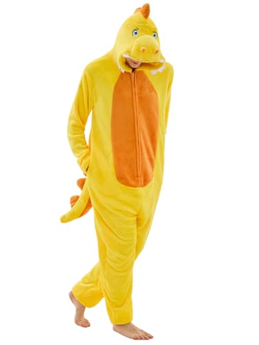 JUOLOET Unisex Adult Onesie Pajamas Dinosaur Animal One Piece Snug Fit Halloween Costume Sleepwear Homewear（Yellow Dinosaur,X-Large）