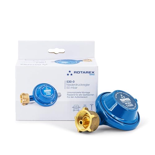 Rotarex Niederdruckregler 50mbar 1,0 kg/h inkl. Gasflaschenschlüssel für Gasgrill, Kocher, Heizstrahler, Terassenstrahler