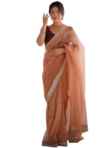 Image of AKHILAM Women's Shimmer Net Solid Saree With Unstitched Blouse Piece