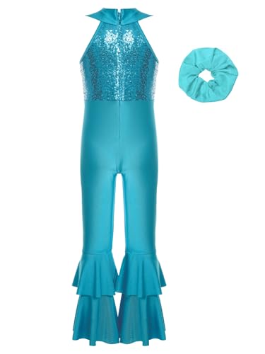 Jhaoyu - Jhaoyu Enfants Filles Combinaison Brillante Métallique À Paillettes Jumpsuit Jazz Disco Tenue De Danse Sans Manches Justaucorps De Danse Bleu 11-12 ans