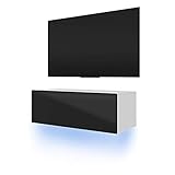 Diseño simple y elegante Lana - Mesa Flotante para TV/Mueble TV Moderno  (100cm, Blanco Mate/Negro Brillo con iluminación LED Azul)