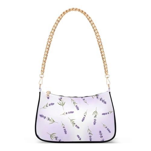 Zipper Evening Bags Purse Lavender Flowers Leaves Purple Tote Handbag Women Prints Shoulder Purses with Chain Strap