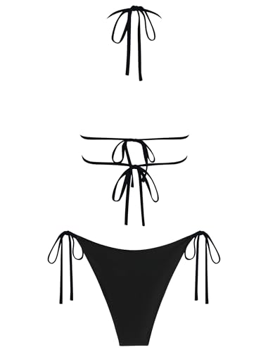 Image of ZAFUL Halter Swimsuits for Women Textured Backless 2 Piece Bathing Suits Cheeky High Cut String Tie Side Bikini Sets