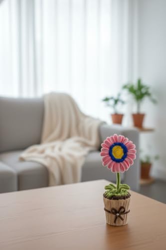 Image of Handmade Artificial Flower Pot for Home Decor | Cute Fuzzy Wire Pipe Cleaner Flower Plant | Aesthetic Tabletop Decorative Pot for Home, Office & Gifting (Soft Bloom :- DarkBlue-Pink)