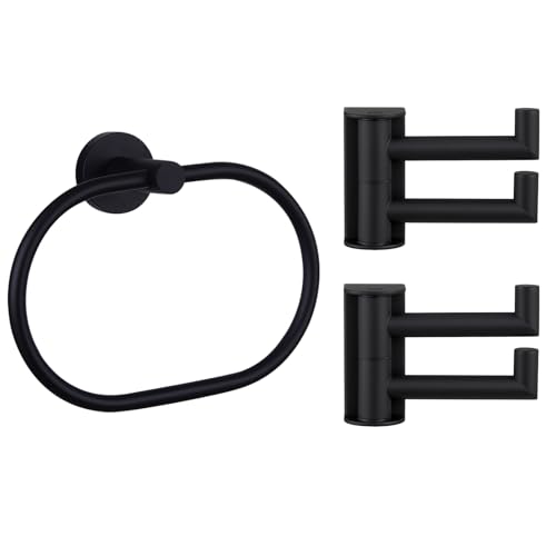 APLusee Matte Black Solid Stainless Steel Oval Towel Ring for Bathroom, 304 Stainless Steel 2 Pack Swivel Towel Hook Bundle, Wall Mounted
