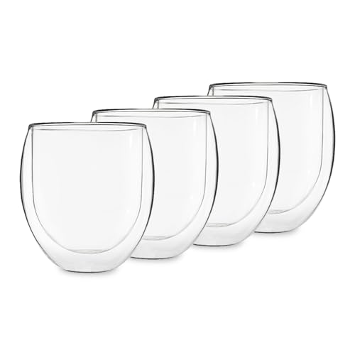 AKTION: 4er-Set XXL-Teegläser 400ml DOPPELWANDIG mit 4 Teeblumen 'ICE-BLOOM' mit Schwebeeffekt- extra großes Thermo-Glas verhindert ein Verbrennen der Finger, für Tee, Teeblumen, Teerosen, Teeblüten, Eistee, Schorle, Milchkaffee - hält warmes...