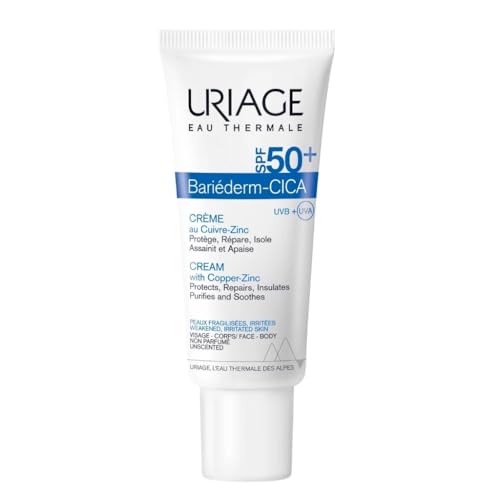 Uriage Bariéderm-Cica Cream Multi Purpose Cream with SPF50+, 40ml - Daily Face Cream with Copper-Zinc - Prevents Formation of Skin Marks - Scars, Tattoos, Laser - Fragrance-free