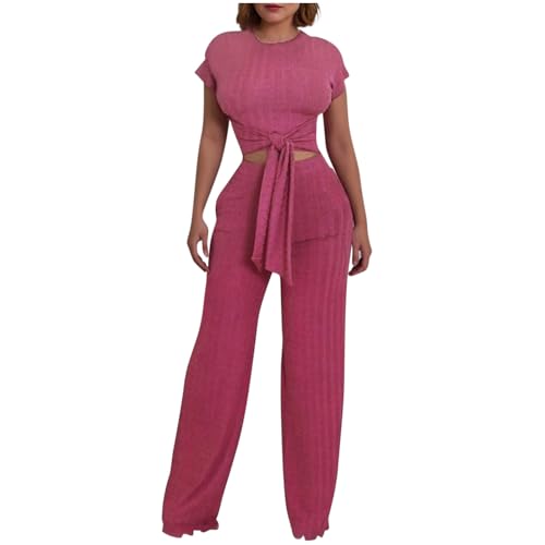 Tenue d'été 2 pièces pour femmes : ensemble haut court et pantalon uni confortable