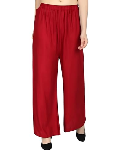 Image of FASHION GALLERY Women's Solid Rayon Palazzo Pants | Relaxed Fit Full Length Wide Leg Palazzo | Elastic Waist Comfortable Casual Lounge Office Ethnic Flared Trousers for Women