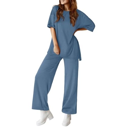 Totatuit Two Piece Sets For Women Summer Travel Vacation Airport Outfits Short Sleeve Oversized Loungewear Sets X-Large Deep Blue