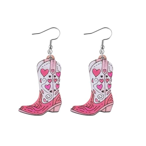 Boho Western Cowgirl Boots Hat Wooden Earrings for Women Pink Cowboy Flower Leaf Dangle Drop Earrings Country Concert Theme Party Jewelry Gift