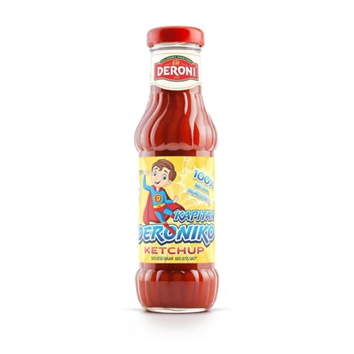 Deroni Capitan Deroniko Ketchup, Ingredienti 100% Naturali, Meno Zucchero e Sale, Bottiglia in Vetro, 340g