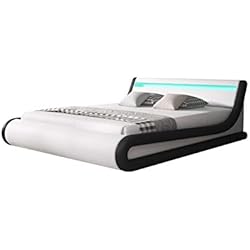 Canapé 160X200 Blanco MB Muebles Bonitos | Cama Canapé Abatible de Matrimonio para Colchón de 160x200cm | Moderna Parisina | con Somier de Láminas | Diseño Italiano con LED Multicolor RGB | Color Blanco y Negro